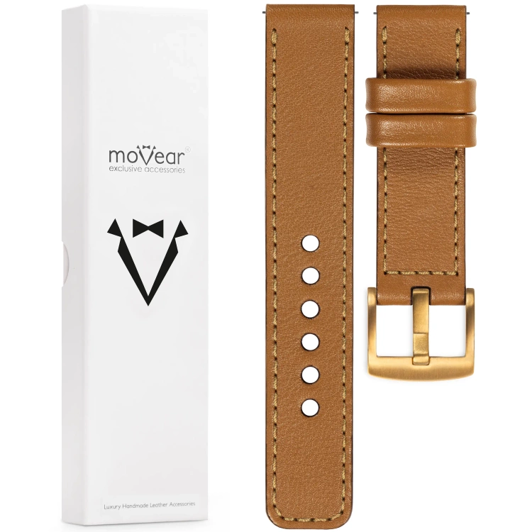 moVear Prestige C1 Skórzany pasek 22mm do Samsung Galaxy Watch 3 (45mm) / Watch (46mm) / Gear S3 | Jasnobrązowy, złote przeszycie [rozmiary XS-XXL i klamra do wyboru]