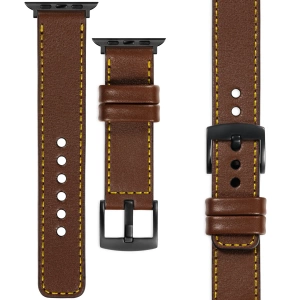 moVear Prestige C1 Skórzany pasek 22mm do Apple Watch 10 / 9 / 8 / 7 / 6 / 5 / 4 / SE (46/45/44mm) & Ultra (49mm) | Ciemnobrązowy, żółte przeszycie [rozmiary XS-XXL i klamra do wyboru]