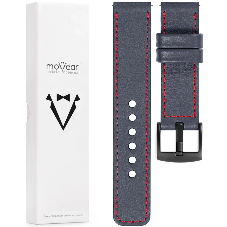 moVear Prestige C1 Skórzany pasek 22mm do zegarka | Szary stalowy, czerwone przeszycie [rozmiary XS-XXL i klamra do wyboru]