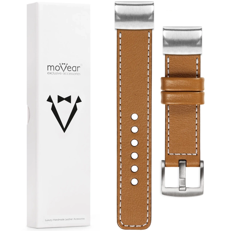 moVear Prestige C1 Skórzany pasek do Garmin QuickFit 20mm (Fenix / Instinct - 43/42/40mm) | Jasnobrązowy, białe przeszycie [rozmiary XS-XXL i klamra do wyboru]