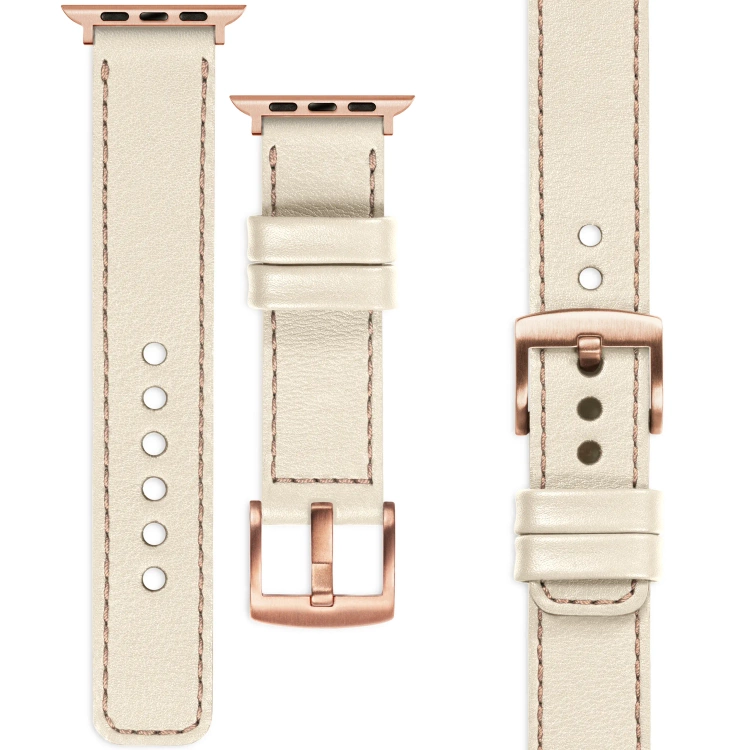 moVear Prestige C1 Skórzany pasek 22mm do Apple Watch 10 / 9 / 8 / 7 / 6 / 5 / 4 / SE (42/41/40mm) | Beżowy, różowe złoto przeszycie [rozmiary XS-XXL i klamra do wyboru]