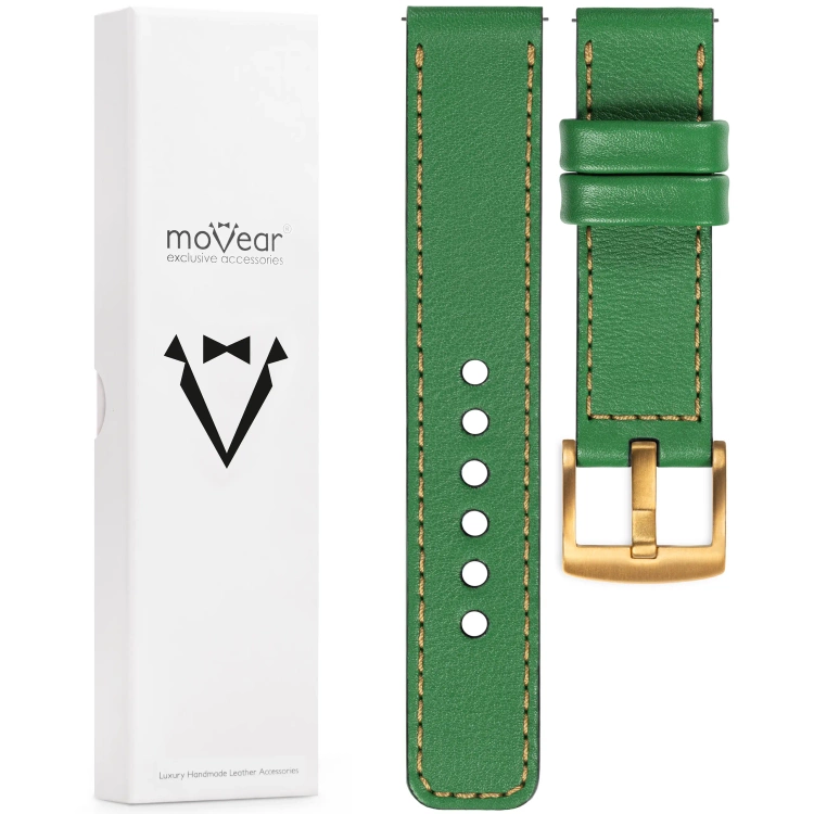 moVear Prestige C1 Skórzany pasek 22mm do zegarka | Zielony, złote przeszycie [rozmiary XS-XXL i klamra do wyboru]