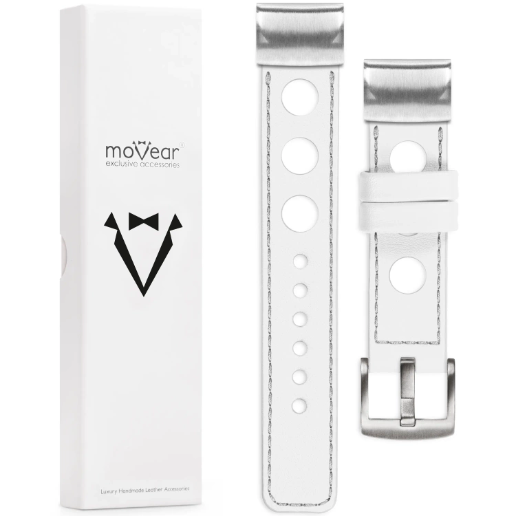 moVear Prestige R1 Skórzany pasek do Garmin QuickFit 22mm (Fenix / Forerunner / Epix / Instinct / Enduro / Quatix / MARQ - 47/45mm) | Biały, srebrne przeszycie [rozmiary XS-XXL i klamra do wyboru]