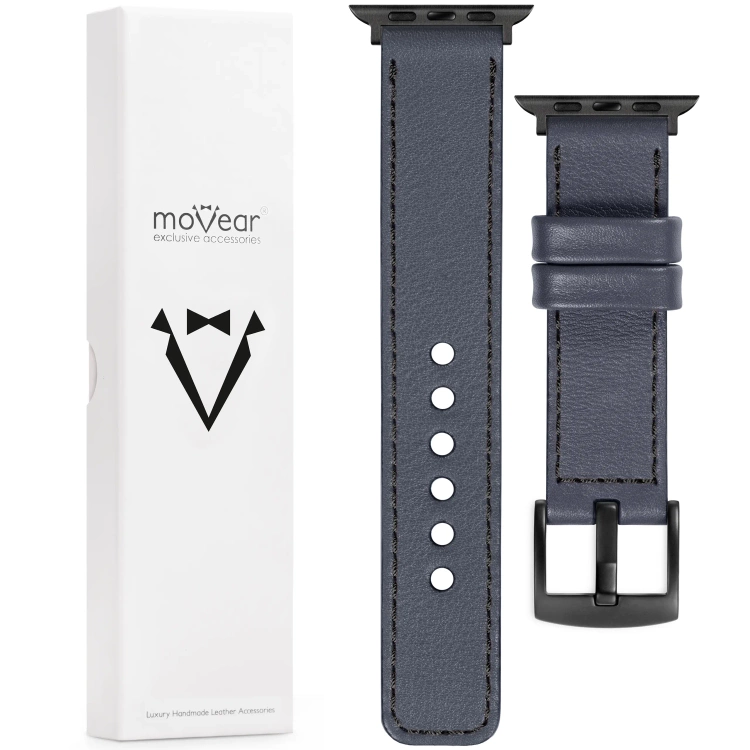 moVear Prestige C1 Skórzany pasek 22mm do Apple Watch 10 / 9 / 8 / 7 / 6 / 5 / 4 / SE (46/45/44mm) & Ultra (49mm) | Szary stalowy, czarne przeszycie [rozmiary XS-XXL i klamra do wyboru]