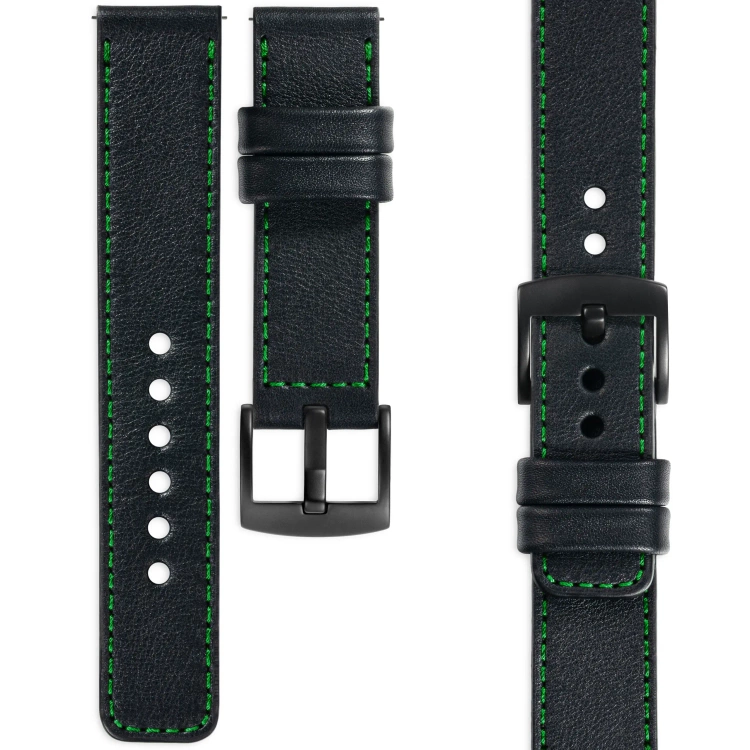 moVear Prestige C1 Skórzany pasek 20mm do zegarka | Czarny, zielone przeszycie [rozmiary XS-XXL i klamra do wyboru]