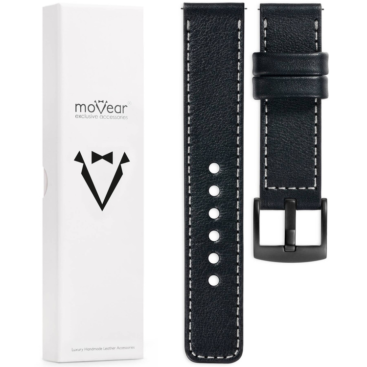 moVear Prestige C1 Skórzany pasek 20mm do zegarka | Czarny, srebrne przeszycie [rozmiary XS-XXL i klamra do wyboru]