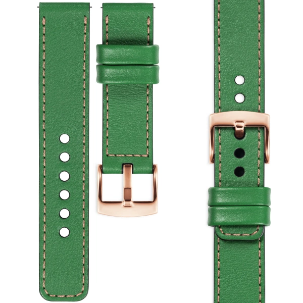 moVear Prestige C1 Skórzany pasek 20mm do zegarka | Zielony, różowe złoto przeszycie [rozmiary XS-XXL i klamra do wyboru]