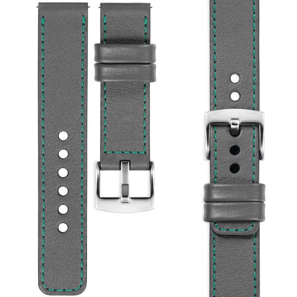 moVear Prestige C1 Skórzany pasek 22mm do zegarka | Szary, turkusowe przeszycie [rozmiary XS-XXL i klamra do wyboru]