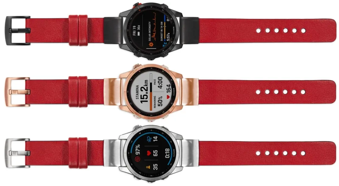 moVear Prestige S1 Skórzany pasek do Garmin QuickFit 22mm (Fenix / Forerunner / Epix / Instinct / Enduro / Quatix / MARQ - 47/45mm) | Czerwony szkarłatny [rozmiary XS-XXL i klamra do wyboru]