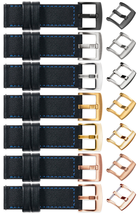 moVear Prestige CW1 Szeroki skórzany pasek 22mm do zegarka | Czarny, niebieskie przeszycie [rozmiary XS-XXL i klamra do wyboru]