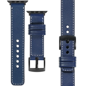 moVear Prestige C1 Skórzany pasek 22mm do Apple Watch 10 / 9 / 8 / 7 / 6 / 5 / 4 / SE (46/45/44mm) & Ultra (49mm) | Granatowy, białe przeszycie [rozmiary XS-XXL i klamra do wyboru]