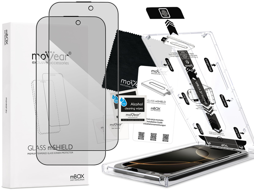 2 szt. | moVear mBOX GLASS mSHIELD 2.5D MAX privacy do Apple iPhone 17 Pro / 17 / 16 Pro (6.3") (Anty spy, z Aplikatorem)