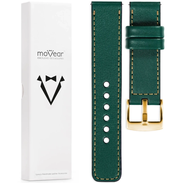 moVear Prestige C1 Skórzany pasek 20mm do zegarka | Zielony butelkowy, złote przeszycie [rozmiary XS-XXL i klamra do wyboru]