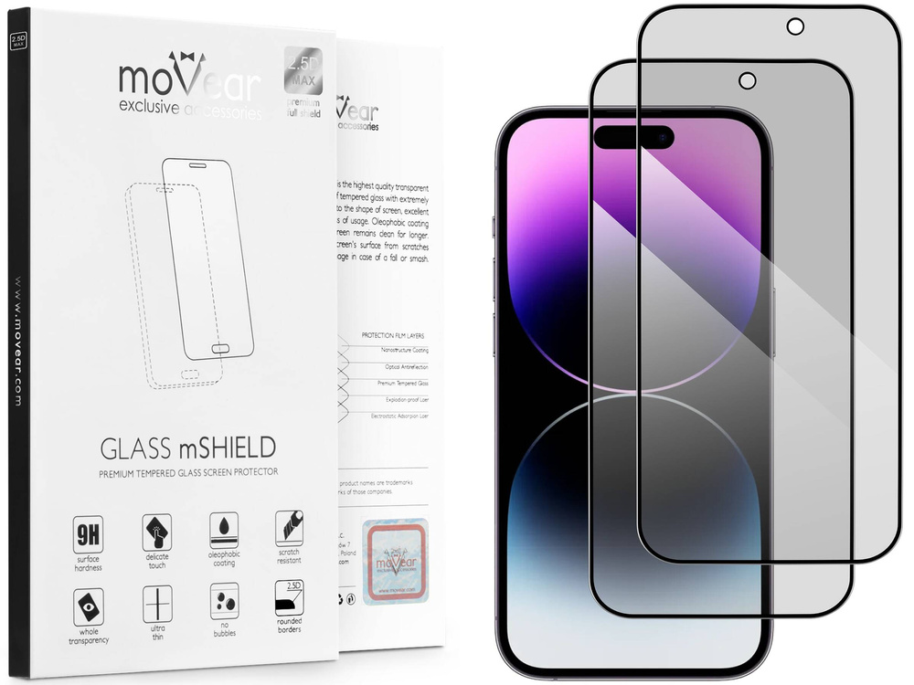2 szt. | moVear GLASS mSHIELD 2.5D MAX privacy do Apple iPhone 14 Pro Max (6.7") (Prywatyzujące, kompatybilne z etui)
