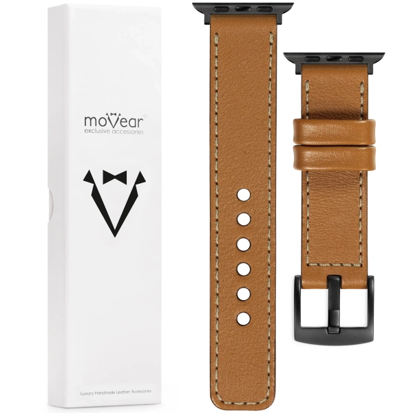 moVear Prestige C1 Skórzany pasek 22mm do Apple Watch 10 / 9 / 8 / 7 / 6 / 5 / 4 / SE (46/45/44mm) & Ultra (49mm) | Jasnobrązowy, kremowe przeszycie [rozmiary XS-XXL i klamra do wyboru]