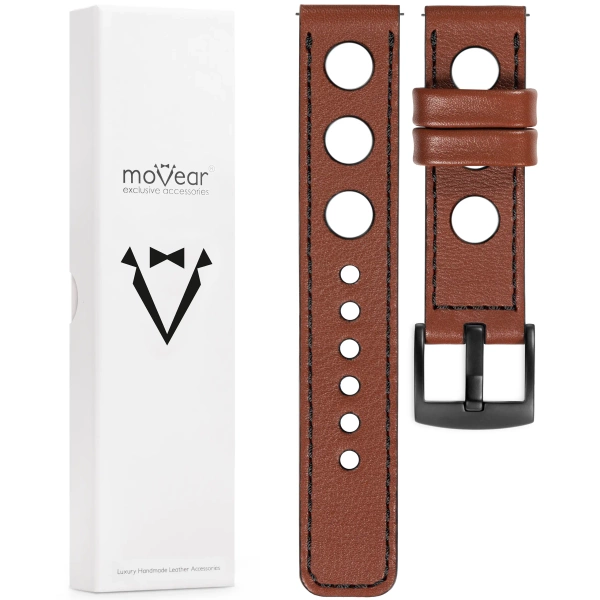 moVear Prestige R1 Skórzany pasek 20mm do Samsung Galaxy Watch 7 / 6 / 5 / 4 / 3 & Pro / FE / Classic / Active | Brązowy, czarne przeszycie [rozmiary XS-XXL i klamra do wyboru]