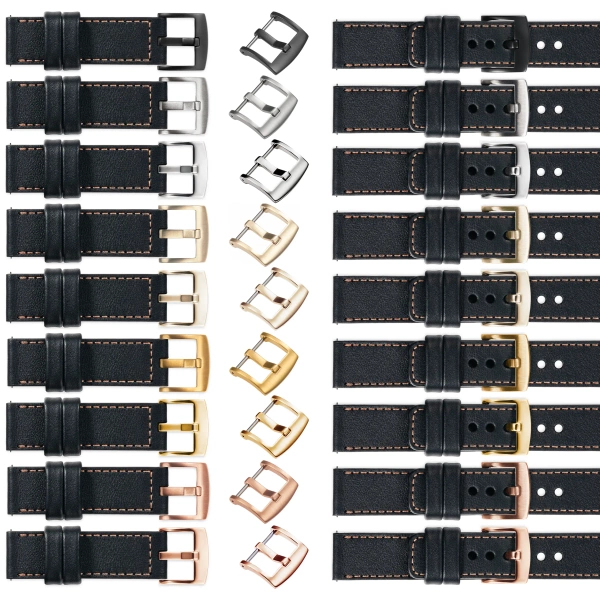 moVear Prestige C1 Skórzany pasek 18mm do Garmin Vivoactive 4S, Venu 3S/2S, Vívomove 3S | Czarny, różowe złoto przeszycie [rozmiary XS-XXL i klamra do wyboru]