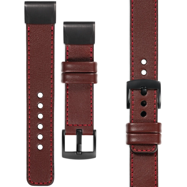 moVear Prestige C1 Skórzany pasek do Garmin QuickFit 22mm (Fenix / Forerunner / Epix / Instinct / Enduro / Quatix / MARQ - 47/45mm) | Kasztanowy, czerwone przeszycie [rozmiary XS-XXL i klamra do wyboru]