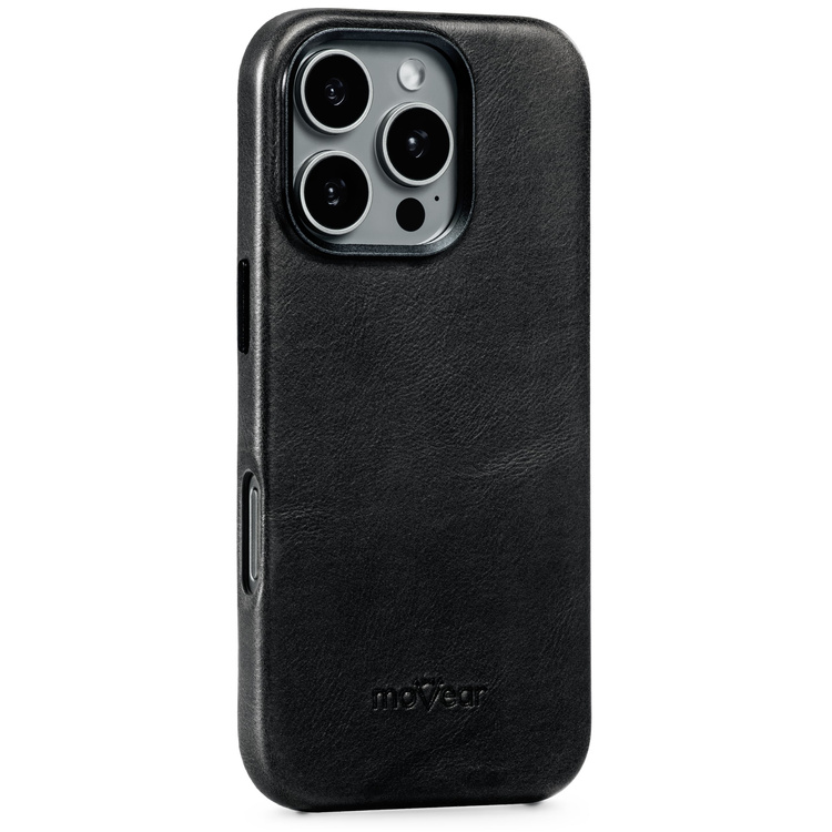 moVear backCover 4S Skórzane plecki do Apple iPhone 16 Pro (6.3") | kompatybilne z MagSafe, Skóra naturalna olejowana (Czarna)