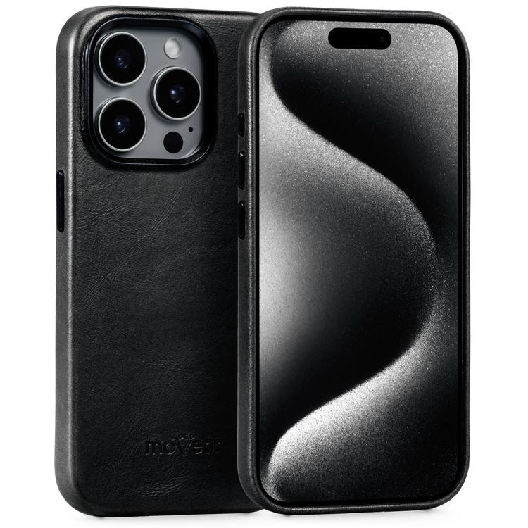 moVear backCover 4S Skórzane plecki do Apple iPhone 15 Pro Max (6.7") | kompatybilne z MagSafe, Skóra naturalna olejowana (Czarna)