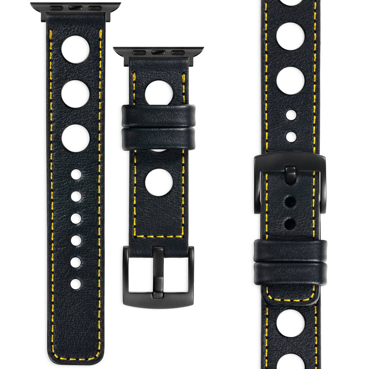 moVear Prestige R1 Skórzany pasek 20mm do Apple Watch 8 / 7 / 6 / 5 / 4 / SE (45/44mm) & Ultra (49mm) | Czarny, żółte przeszycie [rozmiar i klamra do wyboru]