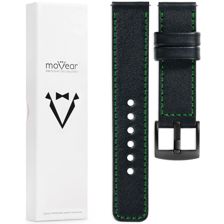 moVear Prestige C1 Skórzany pasek 20mm do zegarka | Czarny, zielone przeszycie [rozmiary XS-XXL i klamra do wyboru]