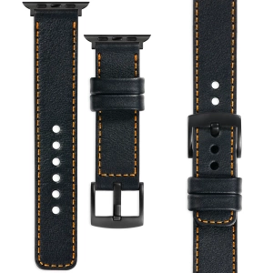 moVear Prestige C1 Skórzany pasek 22mm do Apple Watch 10 / 9 / 8 / 7 / 6 / 5 / 4 / SE (46/45/44mm) & Ultra (49mm) | Czarny, pomarańczowe przeszycie [rozmiary XS-XXL i klamra do wyboru]