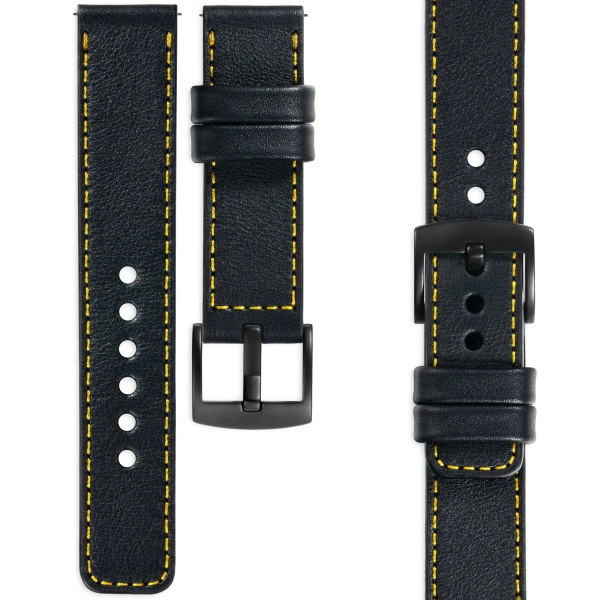 moVear Prestige C1 Skórzany pasek 22mm do zegarka | Czarny, żółte przeszycie [rozmiary XS-XXL i klamra do wyboru]