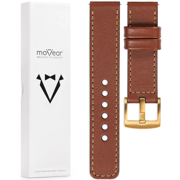 moVear Prestige C1 Skórzany pasek 26mm do zegarka | Brązowy, złote przeszycie [rozmiary XS-XXL i klamra do wyboru]