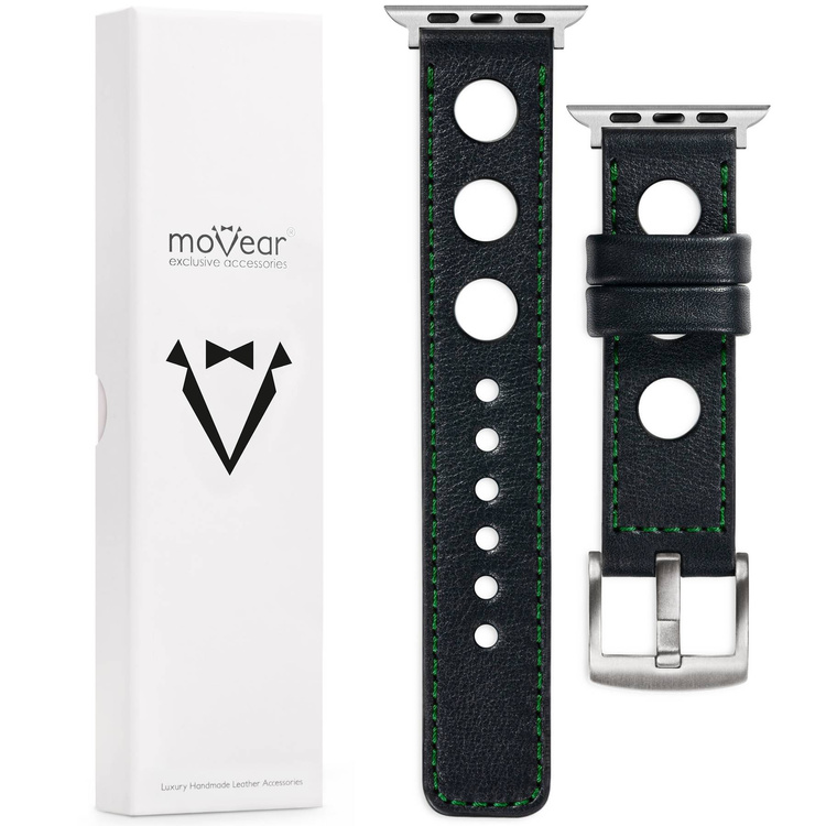 moVear Prestige R1 Skórzany pasek 20mm do Apple Watch 8 / 7 / 6 / 5 / 4 / SE (41/40mm) | Czarny, ciemnozielone przeszycie [rozmiar i klamra do wyboru]