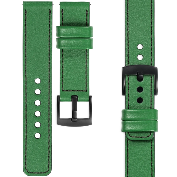 moVear Prestige C1 Skórzany pasek 20mm do Samsung Galaxy Watch 7 / 6 / 5 / 4 / 3 & Pro / FE / Classic / Active | Zielony, czarne przeszycie [rozmiary XS-XXL i klamra do wyboru]