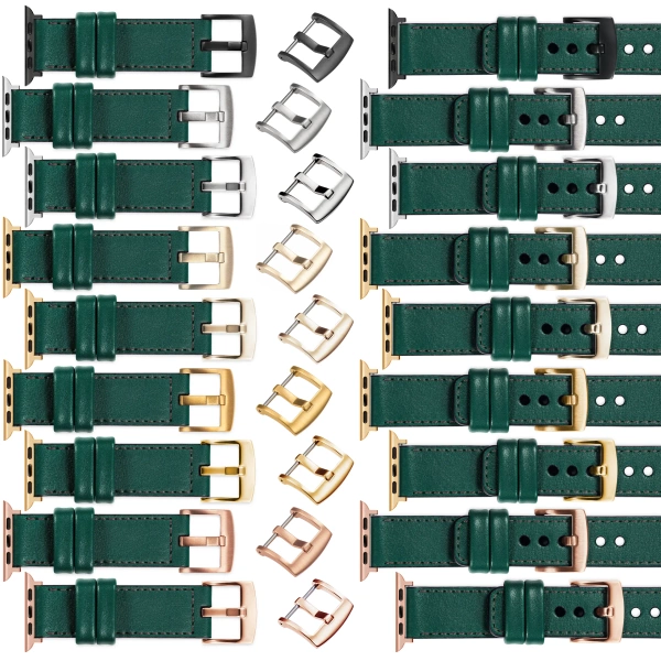 moVear Prestige C1 Skórzany pasek 22mm do Apple Watch 10 / 9 / 8 / 7 / 6 / 5 / 4 / SE (46/45/44mm) & Ultra (49mm) | Zielony butelkowy, grafitowe przeszycie [rozmiary XS-XXL i klamra do wyboru]