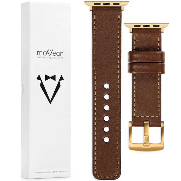 moVear Prestige C1 Skórzany pasek 22mm do Apple Watch 10 / 9 / 8 / 7 / 6 / 5 / 4 / SE (46/45/44mm) & Ultra (49mm) | Ciemnobrązowy, złote przeszycie [rozmiary XS-XXL i klamra do wyboru]