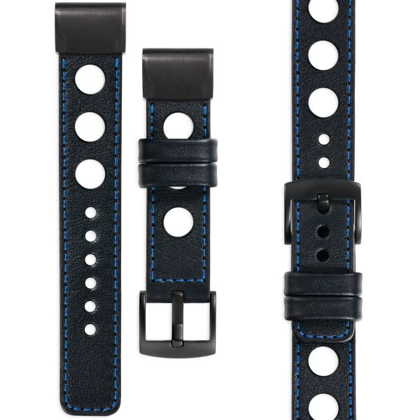 moVear Prestige R1 Skórzany pasek do Garmin QuickFit 22mm (Fenix / Forerunner / Epix / Instinct / Enduro / Quatix / MARQ - 47/45mm) | Czarny, niebieskie przeszycie [rozmiary XS-XXL i klamra do wyboru]