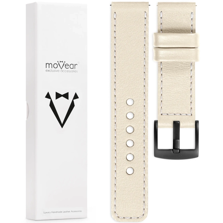 moVear Prestige C1 Skórzany pasek 22mm do Huawei Watch 5 4 3 2 1 - GT / Pro / Ultimate (48/46mm) | Beżowy, białe przeszycie [rozmiary XS-XXL i klamra do wyboru]