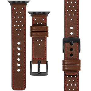 moVear Prestige R2 Skórzany pasek 24mm do Apple Watch 10 / 9 / 8 / 7 / 6 / 5 / 4 / SE (46/45/44mm) & Ultra (49mm) | Ciemnobrązowy, czerwone przeszycie [rozmiary XS-XXL i klamra do wyboru]
