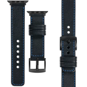 moVear Prestige C1 Skórzany pasek 22mm do Apple Watch 10 / 9 / 8 / 7 / 6 / 5 / 4 / SE (46/45/44mm) & Ultra (49mm) | Czarny, niebieskie przeszycie [rozmiary XS-XXL i klamra do wyboru]