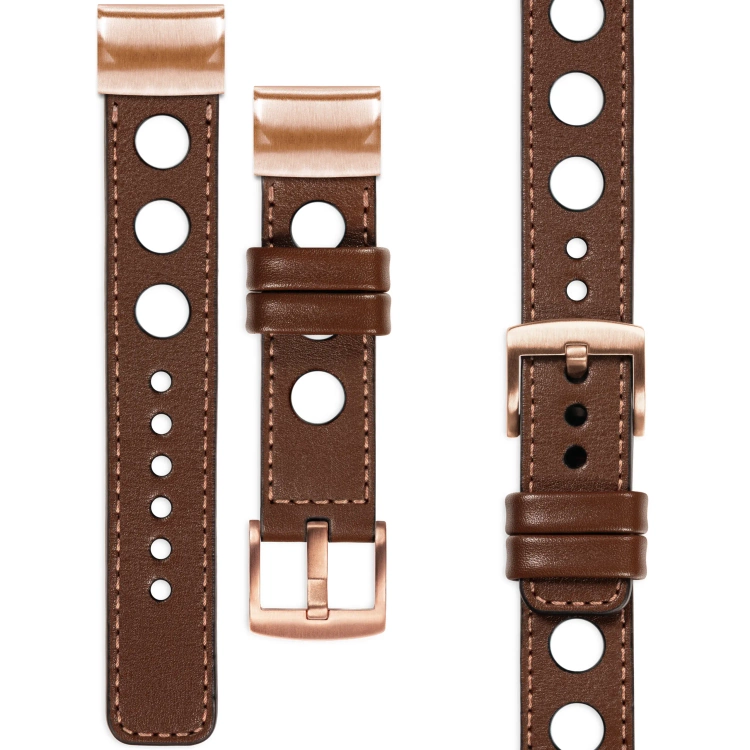 moVear Prestige R1 Skórzany pasek do Garmin QuickFit 20mm (Fenix / Instinct - 43/42/40mm) | Ciemnobrązowy, różowe złoto przeszycie [rozmiary XS-XXL i klamra do wyboru]