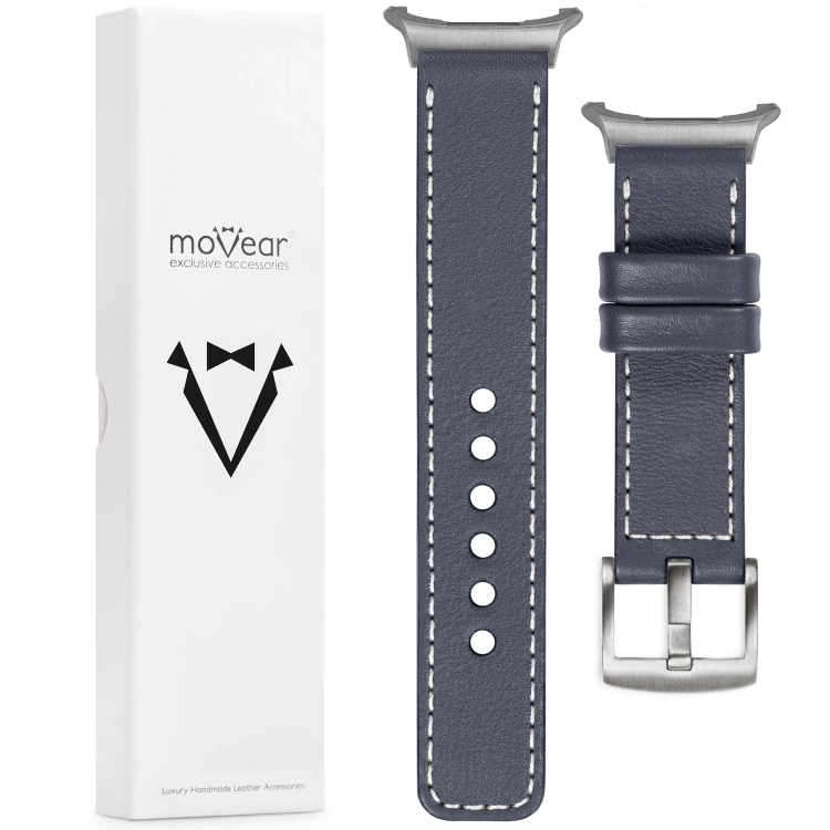 moVear Prestige C1 Skórzany pasek 22mm do Samsung Galaxy Watch Ultra | Szary stalowy, białe przeszycie [rozmiary XS-XXL i klamra do wyboru]