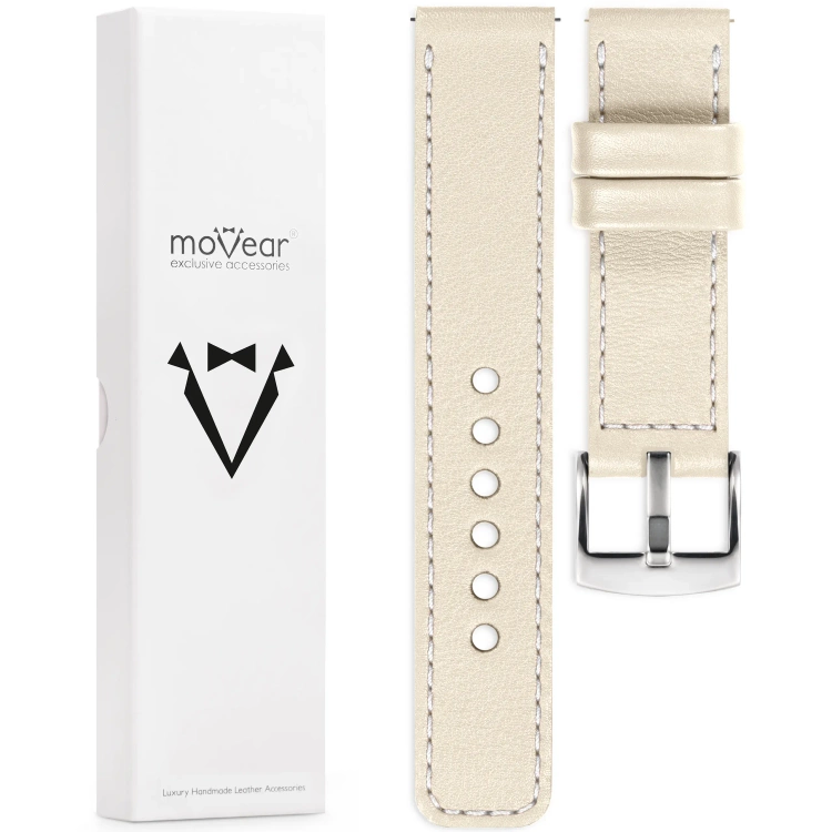 moVear Prestige C1 Skórzany pasek 24mm do zegarka | Beżowy, białe przeszycie [rozmiary XS-XXL i klamra do wyboru]