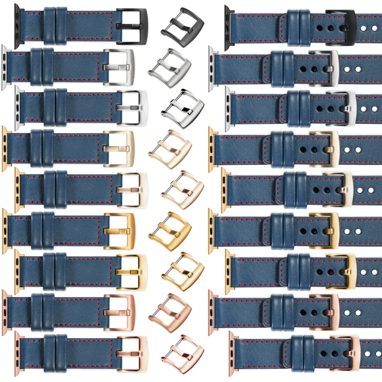 moVear Prestige C1 Skórzany pasek 22mm do Apple Watch 10 / 9 / 8 / 7 / 6 / 5 / 4 / SE (46/45/44mm) & Ultra (49mm) | Niebieski jeans, czerwone przeszycie [rozmiary XS-XXL i klamra do wyboru]