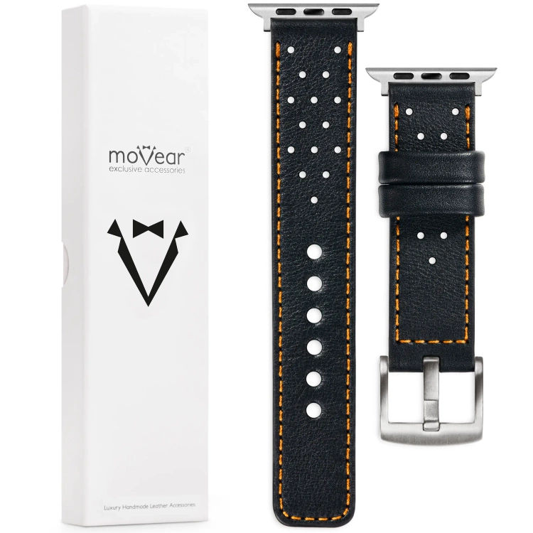 moVear Prestige R2 Skórzany pasek 24mm do Apple Watch 10 / 9 / 8 / 7 / 6 / 5 / 4 / SE (46/45/44mm) & Ultra (49mm) | Czarny, pomarańczowe przeszycie [rozmiary XS-XXL i klamra do wyboru]