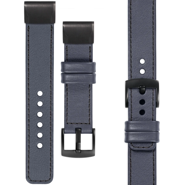 moVear Prestige C1 Skórzany pasek do Garmin QuickFit 22mm (Fenix / Forerunner / Epix / Instinct / Enduro / Quatix / MARQ - 47/45mm) | Szary stalowy, czarne przeszycie [rozmiary XS-XXL i klamra do wyboru]