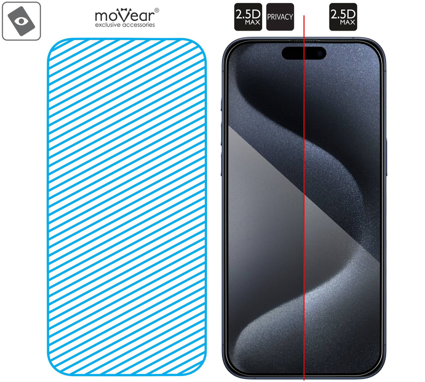 2 szt. | moVear mBOX GLASS mSHIELD 2.5D MAX privacy do Apple iPhone 15 Pro Max (6.7") (Anty spy, z Aplikatorem)
