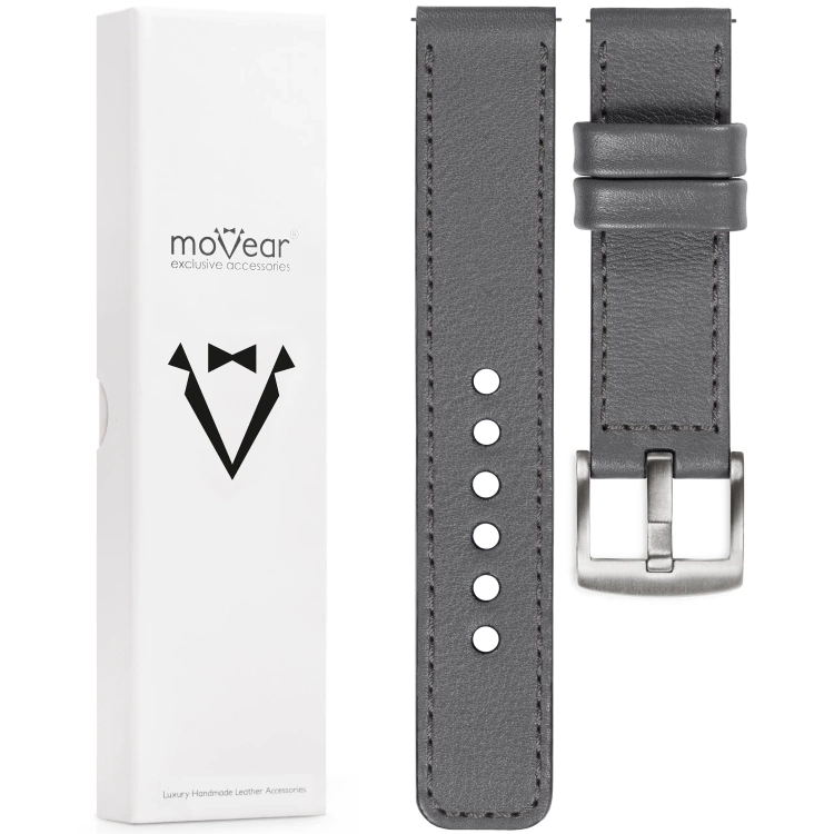 moVear Prestige C1 Skórzany pasek 20mm do zegarka | Szary, grafitowe przeszycie [rozmiary XS-XXL i klamra do wyboru]