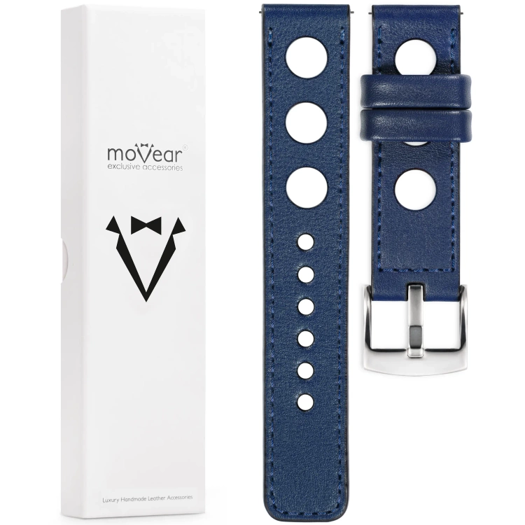 moVear Prestige R1 Skórzany pasek 18mm do zegarka | Granatowy, granatowe przeszycie [rozmiary XS-XXL i klamra do wyboru]