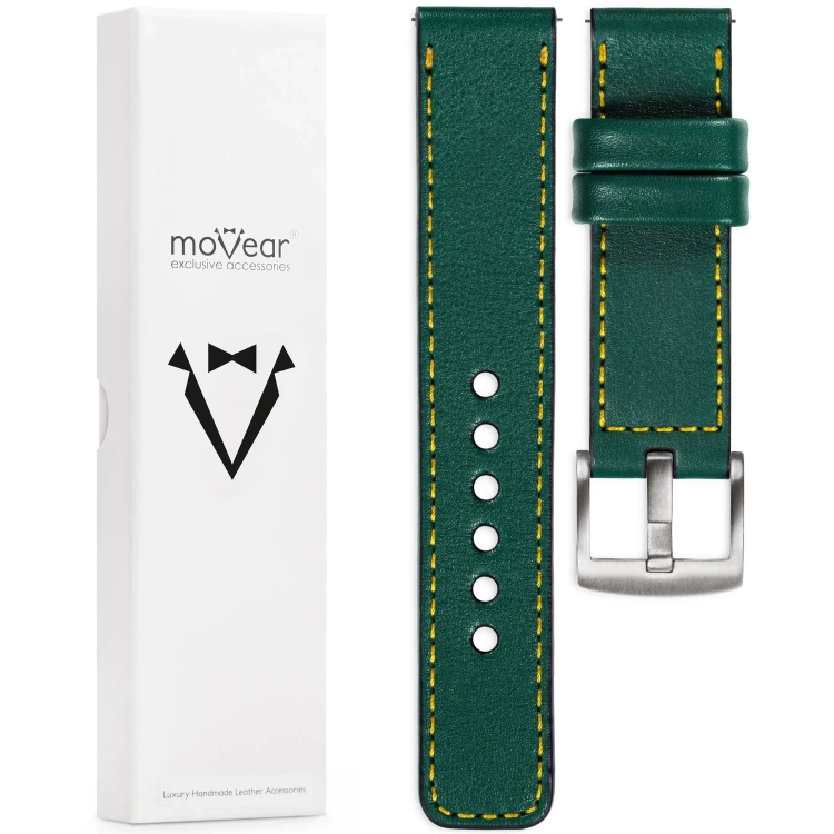 moVear Prestige C1 Skórzany pasek 20mm do zegarka | Zielony butelkowy, żółte przeszycie [rozmiary XS-XXL i klamra do wyboru]