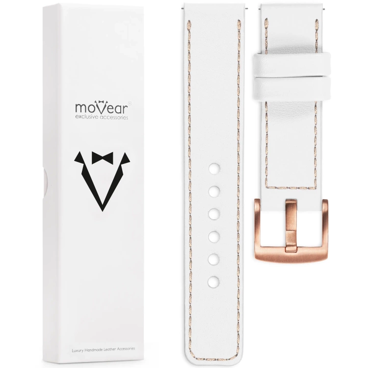 moVear Prestige C1 Skórzany pasek 22mm do zegarka | Biały, różowe cieliste przeszycie [rozmiary XS-XXL i klamra do wyboru]
