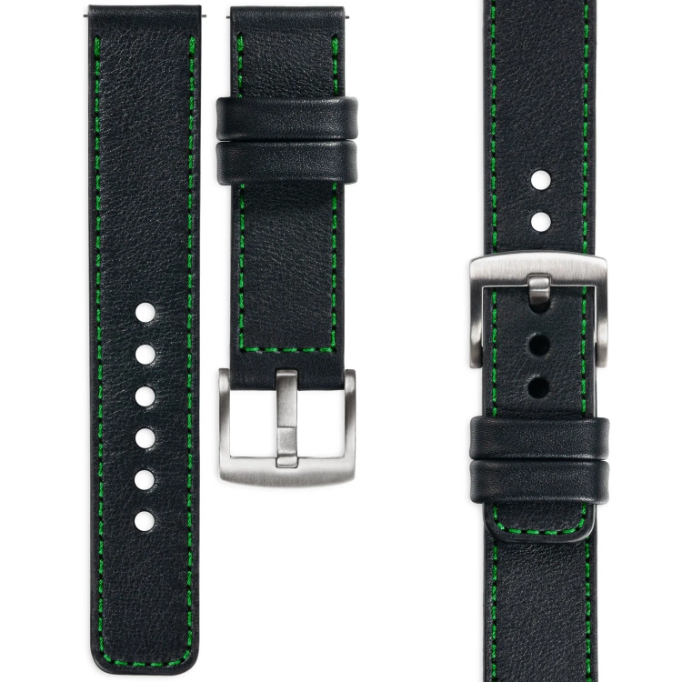 moVear Prestige C1 Skórzany pasek 22mm do zegarka | Czarny, zielone przeszycie [rozmiary XS-XXL i klamra do wyboru]