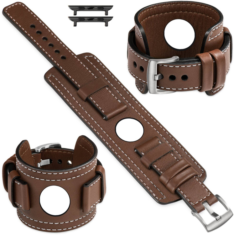 moVear Prestige CW1 Szeroki skórzany pasek 20mm do Apple Watch 10 / 9 / 8 / 7 / 6 / 5 / 4 / SE (42/41/40mm) | Ciemnobrązowy, białe przeszycie [rozmiary XS-XXL i klamra do wyboru]